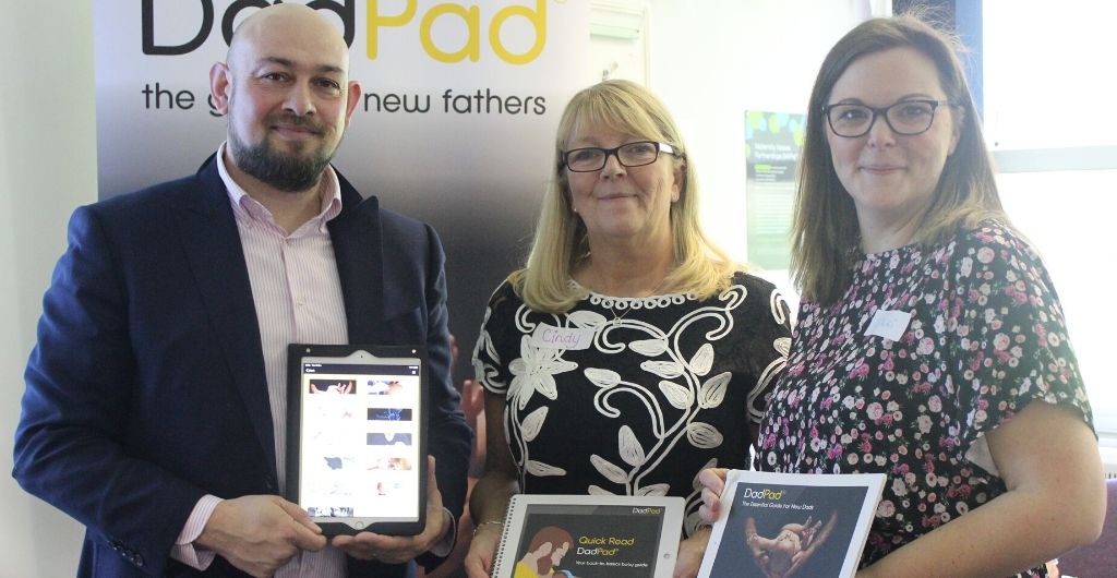 DadPad founder Julian Bose, Dr Cindy Shawley, HHFT quality improvement lead for maternity, and Vikki Pragnell, community midwife matron, at the March 12 launch of the local      DadPad at HHFT. The photograph was taken before Government regulations on social distancing were introduced.
